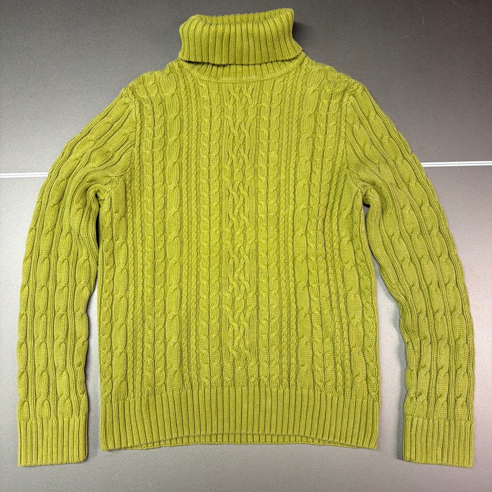 Jeanne Pierre Lime Green Cable Knit Turtleneck Sweater 100% Cotton Womens Medium